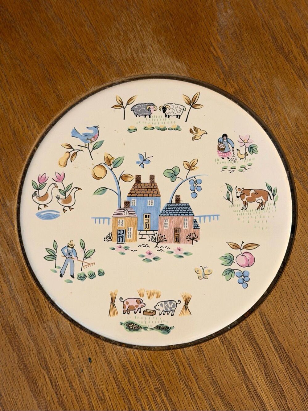 VTG Good Wood Japan Wooden Lazy Susan Serving Tray Ceramic Tile Farm Scene (9520 - Picture 2 of 8